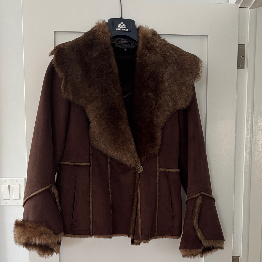 Brown Faux Fur Trimmed Women's Jacket